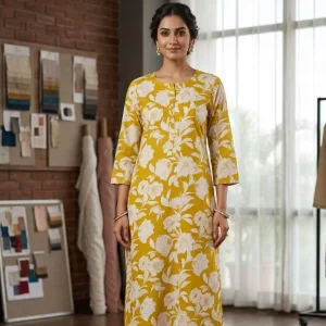 Women's Mustard Yellow Printed Poly Cotton Kurti – White Floral Print, Straight Fit